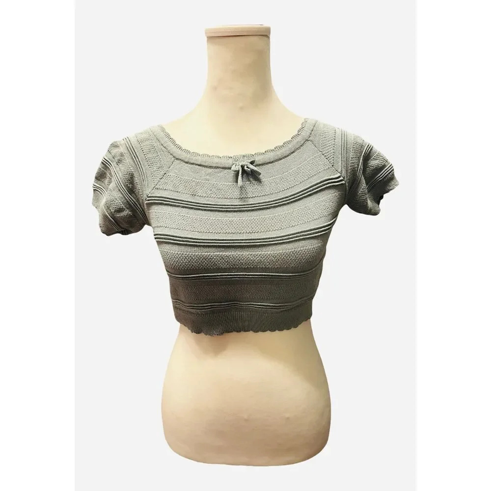 Kendall & Kylie Cropped Short Sleeve Sweater Cotton Blend Green S Small